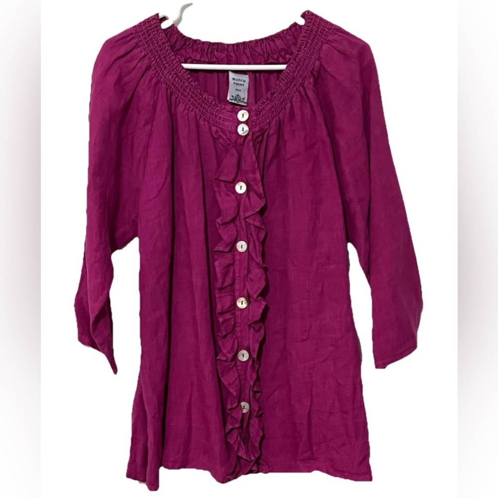 Match Point Pink Magenta Fuchsia Smocked Neck Ruffle Detail Blouse Top Medium